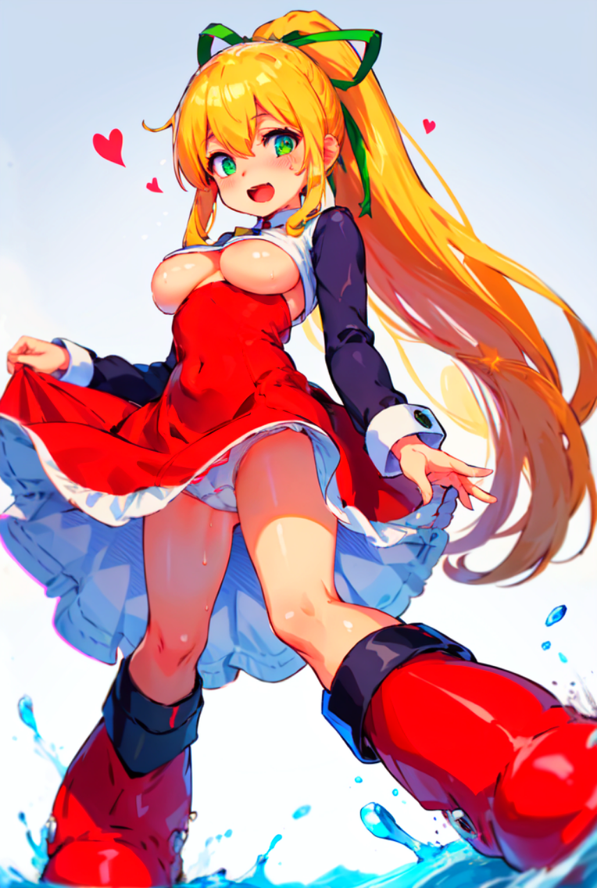 aged_up ai_generated blonde_hair blush boots capcom dress_lift green_eyes open_mouth panties ponytail ribbon rockman_(classic) roll_(rockman) simple_background water