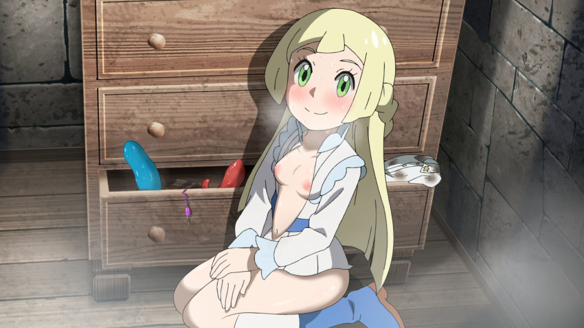 blonde_hair blush breasts green_eyes lillie_(pokemon) open_shirt pink_nipples pokemon small_breasts