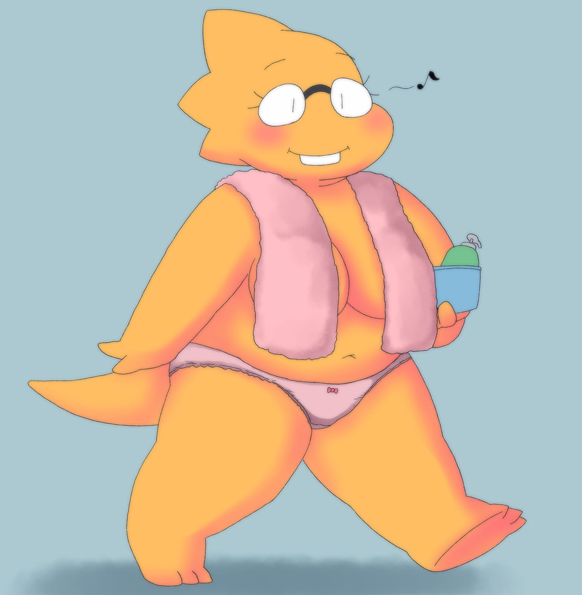 1_girl 1girl 2020s 2021 adorable alphys alphys_(undertale) anthro anthro_only aruput aruput_ut blue_background blush bow_panties breasts casual_nudity chubby chubby_anthro chubby_female covered_nipples cute female female_anthro female_only glasses lizard lizard_girl lizard_tail monster monster_girl musical_note non-mammal_breasts panties pink_panties pink_towel reptile reptile_girl reptile_tail scalie simple_background solid_color_background solo solo_anthro solo_female tail topless towel towel_on_breasts undertale undertale_(series) walking yellow_body yellow_skin