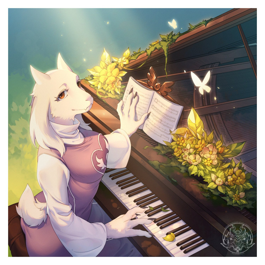 1:1 1:1_aspect_ratio 1girl 2020s 2022 4_fingers animal_ears anthro anthro_only boss_monster breasts bug butterfly claws female flower furry furry_female furry_only goat_ears goat_girl grand_piano high_res horns instrument looking_at_viewer mature mature_female monster monster_girl music musical_instrument outside piano plant playing_instrument playing_piano reignbeaux13 sfw solo solo_anthro solo_female tail toriel undertale undertale_(series) white_fur