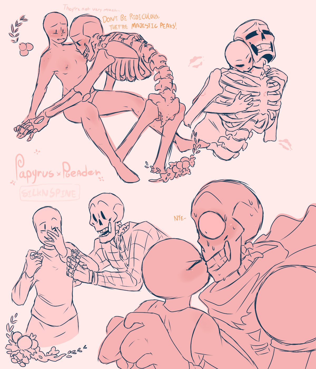 1boy 1boy1girl 1girl 2020s 2022 animated_skeleton anon anonymous_female artist_name bite_mark bite_marks breasts clothed duo english_text kissing male/female monochrome monster naked nipples nude papyrus papyrus_(undertale) praise silknspine skeleton small_breasts straight text undead undertale undertale_(series)