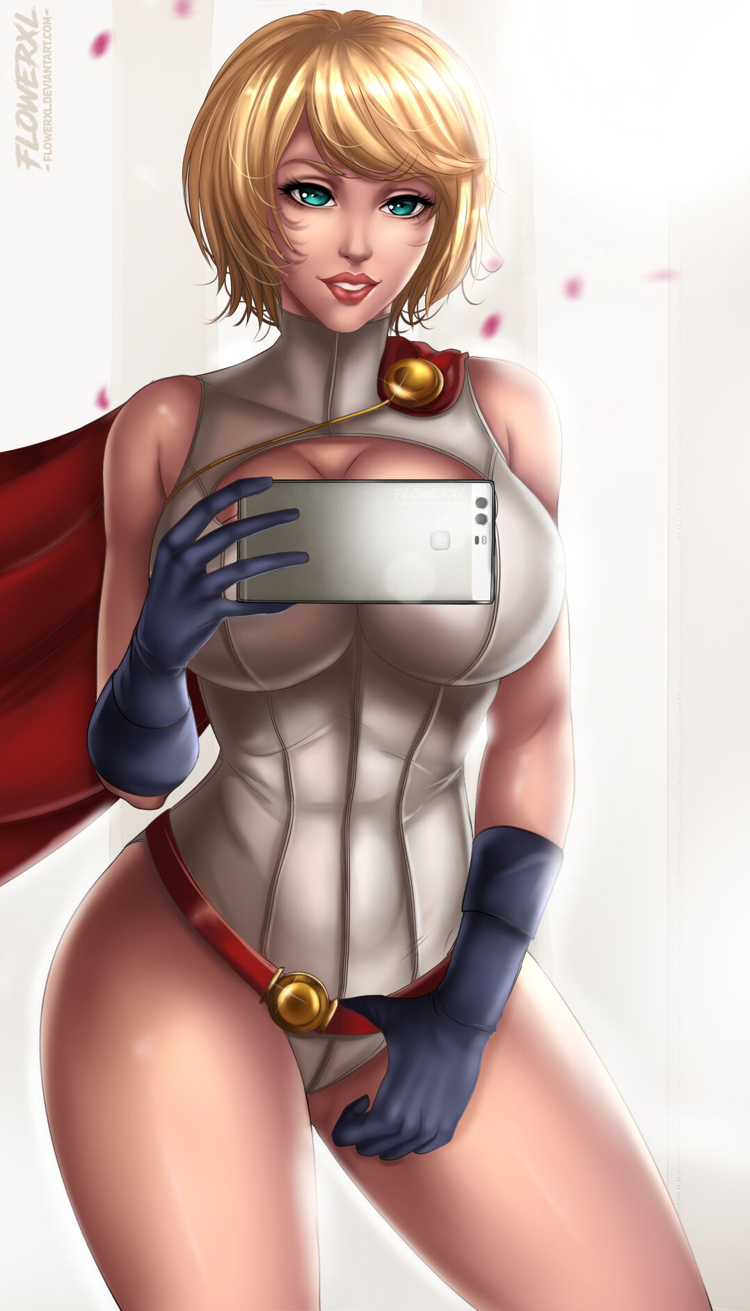 1female 1girl adult aqua_eyes artist_logo big_breasts blonde_hair breasts brown_lipstick cape cellphone cleavage dc_comics female_only flowerxl front_view hand_on_thigh human kara_zor-l karen_starr leotard pale-skinned_female power_girl red_cape short_hair slim_waist smile smiley_face standing superheroine superman_(series) thick_thighs thighs url watermark white_background white_leotard