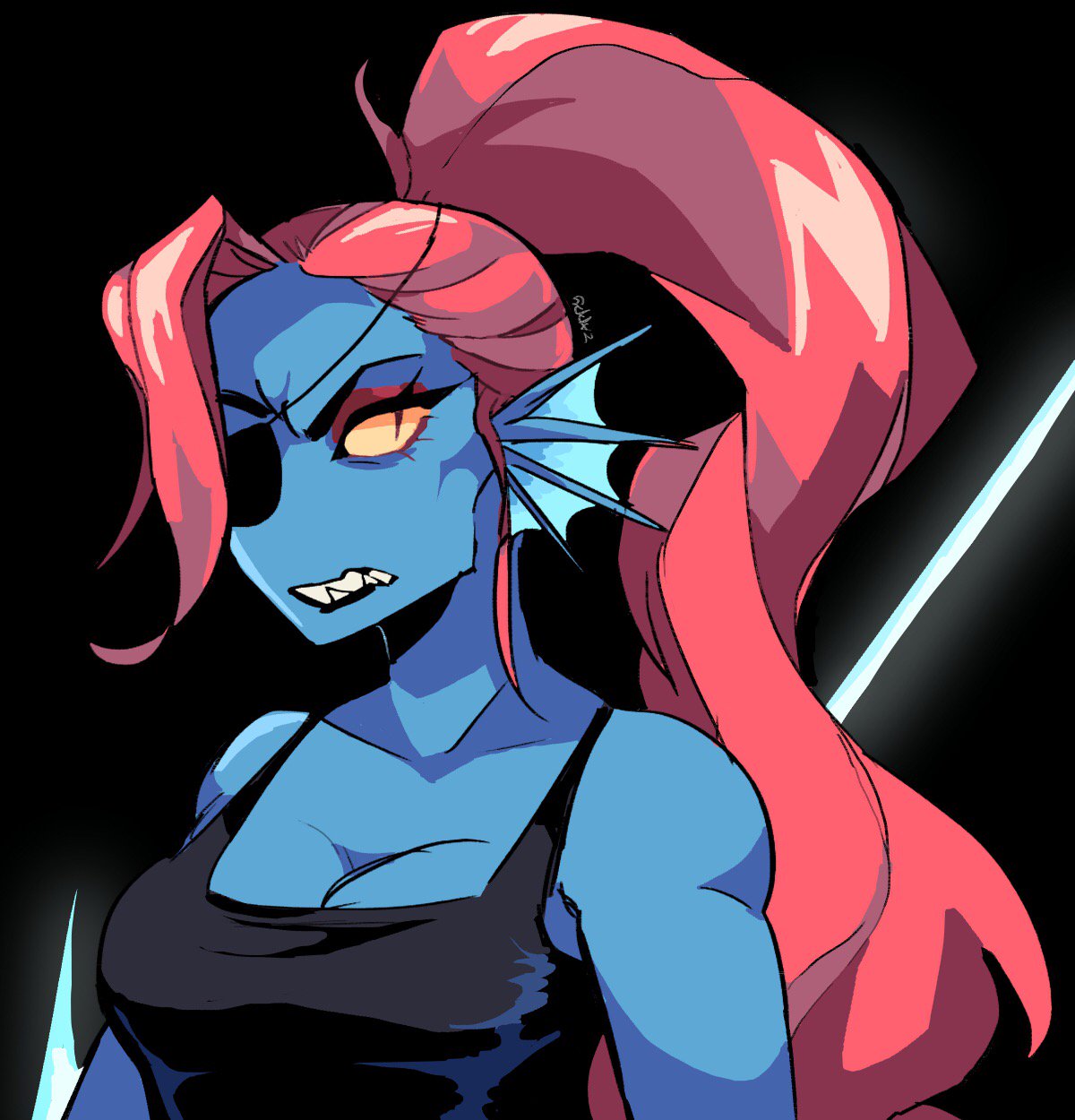 1girl 2010s 2019 _zzappyy_ anthro black_background black_tank_top blue_body blue_skin breasts cleavage eye_patch eyepatch female female_anthro female_only fish fish_girl holding_spear holding_weapon long_hair marine non-mammal_breasts ponytail red_hair sfw sharp_teeth simple_background slit_pupils solo solo_female spear tank_top tanktop undertale undertale_(series) undyne upper_body weapon yellow_sclera