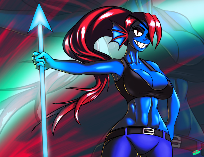 1girl 2020 2020s abs anthro anthro_only artist_name artist_signature belt belt_buckle big_breasts black_belt black_eyepatch black_eyewear black_topwear blue_body blue_bottomwear blue_pants blue_skin bottomwear breasts cleavage clothing dated eyelashes eyepatch eyewear female_focus female_only fins fish fish_girl fully_clothed fully_clothed_female high_res holding_spear jeans large_filesize long_eyelashes long_hair long_red_hair looking_at_viewer monster monster_girl navel one_eye_covered pants ponytail red_eyes red_hair sharp_teeth slit_pupils smile smiling_at_viewer solo solo_anthro solo_female solo_focus spear teeth topwear twisted4k undertale undertale_(series) undyne