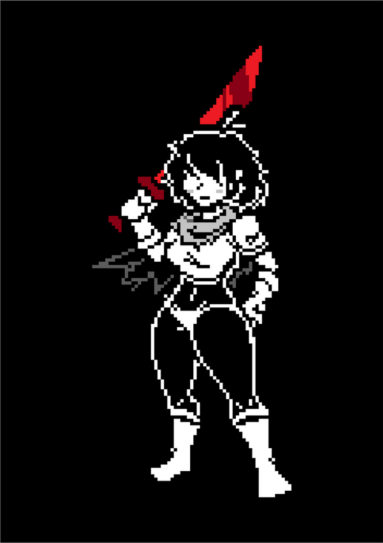 1girl 2020s 2022 black_and_white breasts clothed curvy deltarune female female_human female_kris_(deltarune) female_only hair_over_eyes hand_on_hip holding_sword holding_weapon human human_only killerph4nt0m1 kris_(dark_world_form) kris_(deltarune) kris_female_(deltarune) partially_colored pixel_(artwork) pixel_art red_sword scarf short_hair solo solo_female solo_human sword thighs undertale_(series) weapon wide_hips