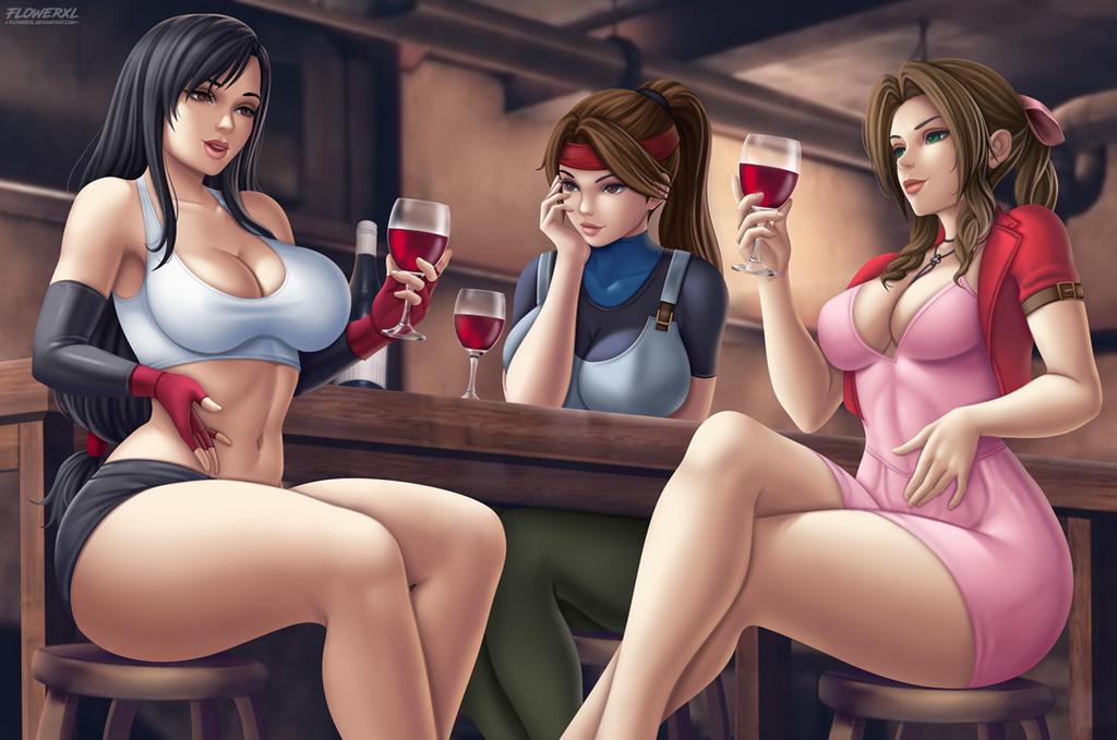 1girl 3_girls abs aerith_gainsborough artist_logo big_breasts big_breasts black_dress black_hair blue_shirt breasts brown_eyes brown_hair cleavage drink female_only final_fantasy final_fantasy_vii final_fantasy_vii_remake flowerxl gloves green_eyes hands_on_face jessie_rasberry legs_crossed long_hair pale-skinned_female pale_skin pink_dress red_jacket sitting sitting_on_chair square_enix thick_thighs tifa_lockhart url video_game_character white_topwear wine wine_bottle wine_glass