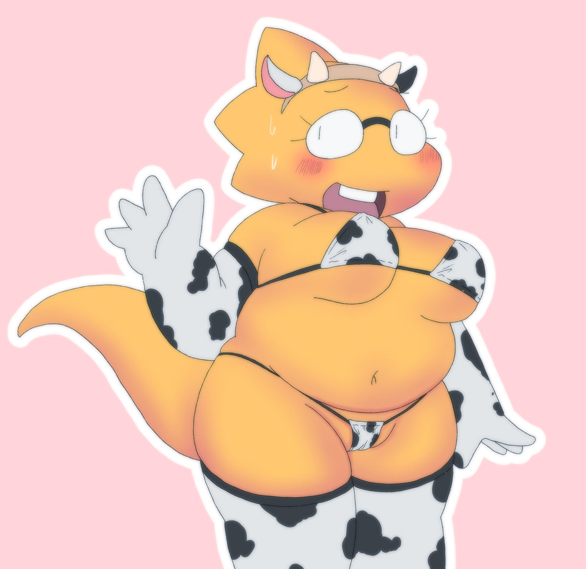 1girl alphys alphys_(undertale) animal_print anthro anthro_only armwear aruput aruput_ut barely_visible_genitalia belly big_breasts bikini bikini_bottom bikini_top blush bodily_fluids breasts buckteeth cameltoe chubby chubby_anthro chubby_female clothed clothing cow_print deep_navel elbow_gloves eyewear fake_ears fake_horns female female_anthro front_view gesture glasses gloves handwear legwear lizard lizard_girl looking_at_viewer monster monster_girl navel non-mammal_breasts open_mouth open_smile overweight overweight_anthro overweight_female partially_visible_vulva pink_background portrait pussy pussy_peek reptile scales scalie shortstack skimpy slightly_chubby smile solid_color_background solo solo_female stockings string_bikini sweat swimwear teeth thick_tail thick_thighs three-quarter_portrait three-quarter_view undertale undertale_(series) waving yellow_body yellow_scales yellow_skin