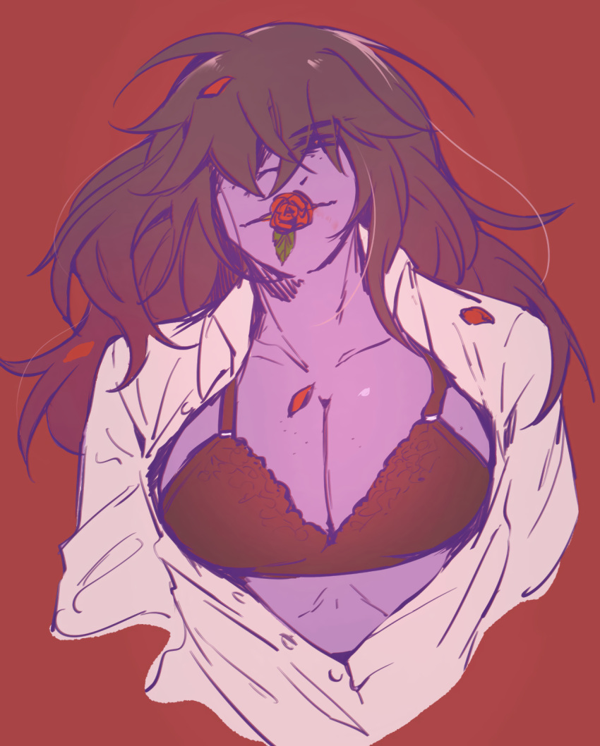 1girl anthro anthro_only bra breasts cleavage deltarune female female_anthro female_only flower flower_in_mouth hair_over_eyes kosafordraw long_hair purple_body purple_skin red_background rose rose_in_mouth rose_petals simple_background solid_color_background solo solo_anthro solo_female susie_(deltarune) susie_(light_world_form) unbottoned unbuttoned_shirt undertale_(series) upper_body