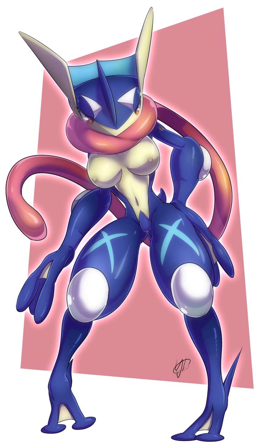 1girl blue_skin breasts female_anthro female_only gen_6_pokemon greninja kicktyan kikunyi long_tongue nipples pokemon pokemon_(species) pussy sexy_body simple_background tongue_out