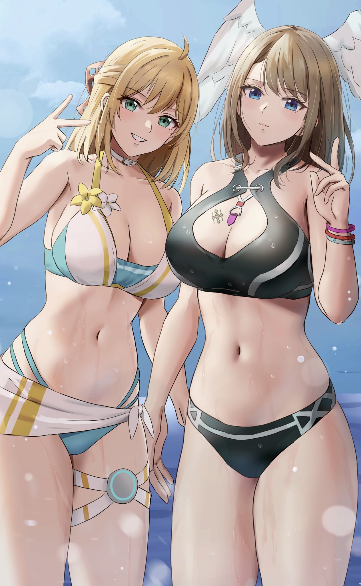 2_girls alluring alternate_costume amayo_thranana big_breasts bikini blonde_hair blue_eyes blue_pupils blush bracelet breast_tattoo breasts brown_hair cleavage cloud cloudy_sky cosplay costume_switch eunie_(xenoblade) eunie_(xenoblade)_(cosplay) fiora_(xenoblade) fiora_(xenoblade)_(cosplay) green_eyes head_wings high_res jewelry long_hair looking_at_viewer medium_hair multiple_girls navel open_mouth outside short_hair side-by-side simple_background sky smile stomach swimsuit tattoo upper_body white_wings wings xenoblade_(series) xenoblade_chronicles_(series) xenoblade_chronicles_1 xenoblade_chronicles_3