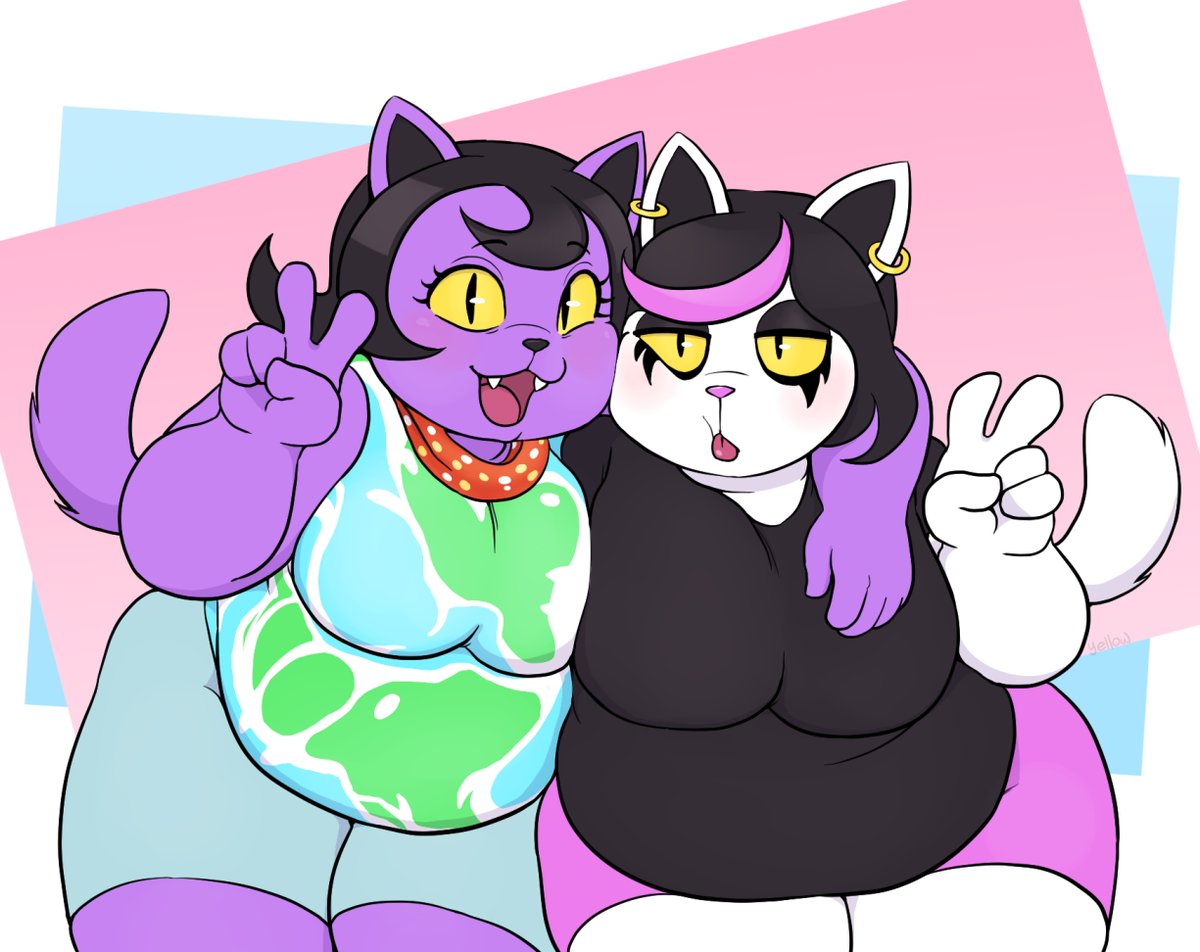 2010s 2018 2girls anthro anthro_only arm_around_shoulder arm_over_shoulder blep breasts cat cat_paws catti_(deltarune) catty_(undertale) chubby chubby_anthro chubby_female clothed deltarune domestic_cat duo duplicate earring earrings felid feline felis female_only furry furry_female furry_only open_mouth overweight overweight_anthro overweight_female purple_body purple_fur sfw sisters slit_pupils tail tongue_out undertale undertale_(series) v v_sign white_body white_fur yellow_sclera yellowhellion