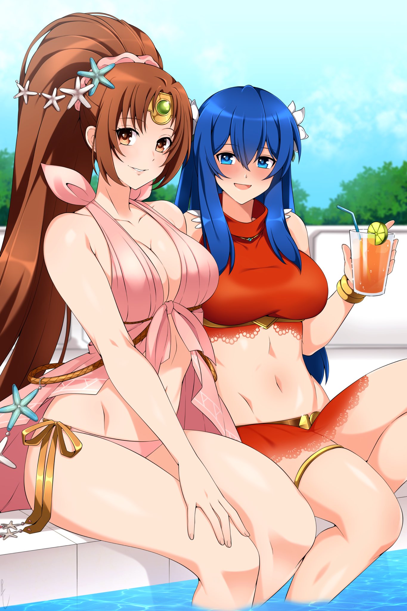 2girls alluring alternate_costume big_breasts bikini blue_eyes blue_hair blurry blurry_background blush bow bracelet breasts brown_eyes brown_hair caeda_(fire_emblem) caeda_(summer)_(fire_emblem) circlet cleavage cloud cloudy_sky collarbone commentary cup drinking_glass drinking_straw english_commentary female_focus fire_emblem fire_emblem:_mystery_of_the_emblem fire_emblem_heroes flower food fruit hair_between_eyes hair_flower hair_ornament halterneck high_res holding holding_cup jewelry lemon lemon_slice lindaroze linde_(fire_emblem) long_hair looking_at_viewer matching_hair/eyes midriff navel necklace nintendo official_alternate_costume pink_bikini pink_bow poolside red_bikini second-party_source shadow sidelocks sitting sky smile star_(symbol) star_hair_ornament swimming_pool swimsuit thigh_strap thighs turtleneck_swimsuit very_long_hair