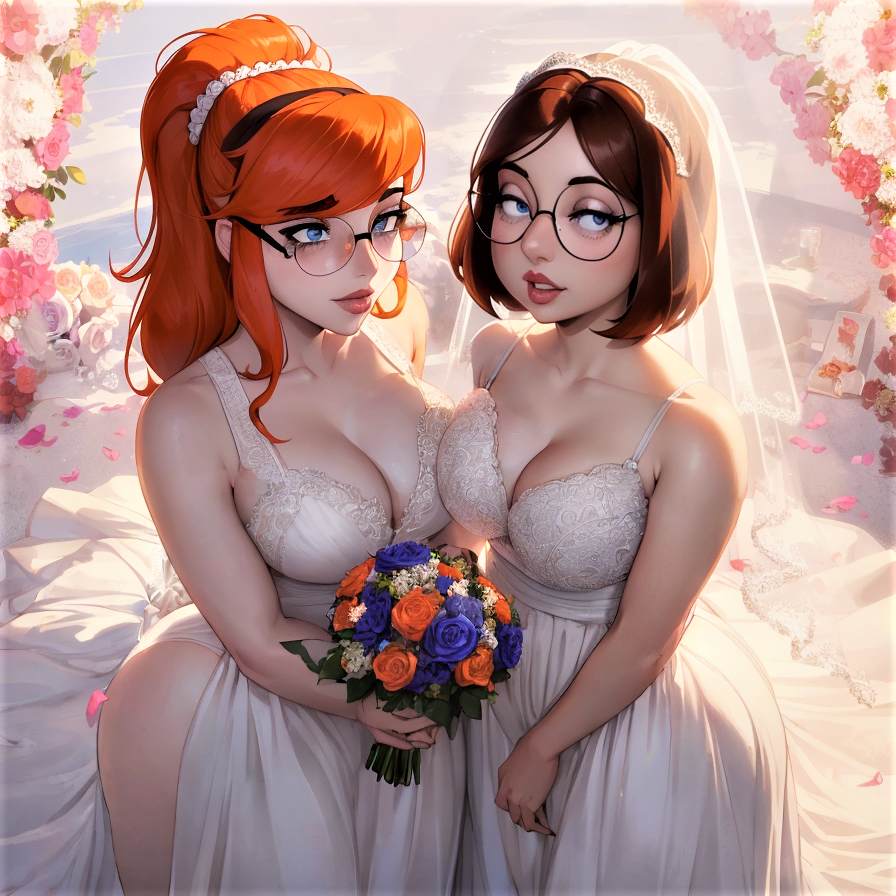 ai_generated breasts dress family_guy glasses meg_griffin patty_(family_guy) thighs wedding