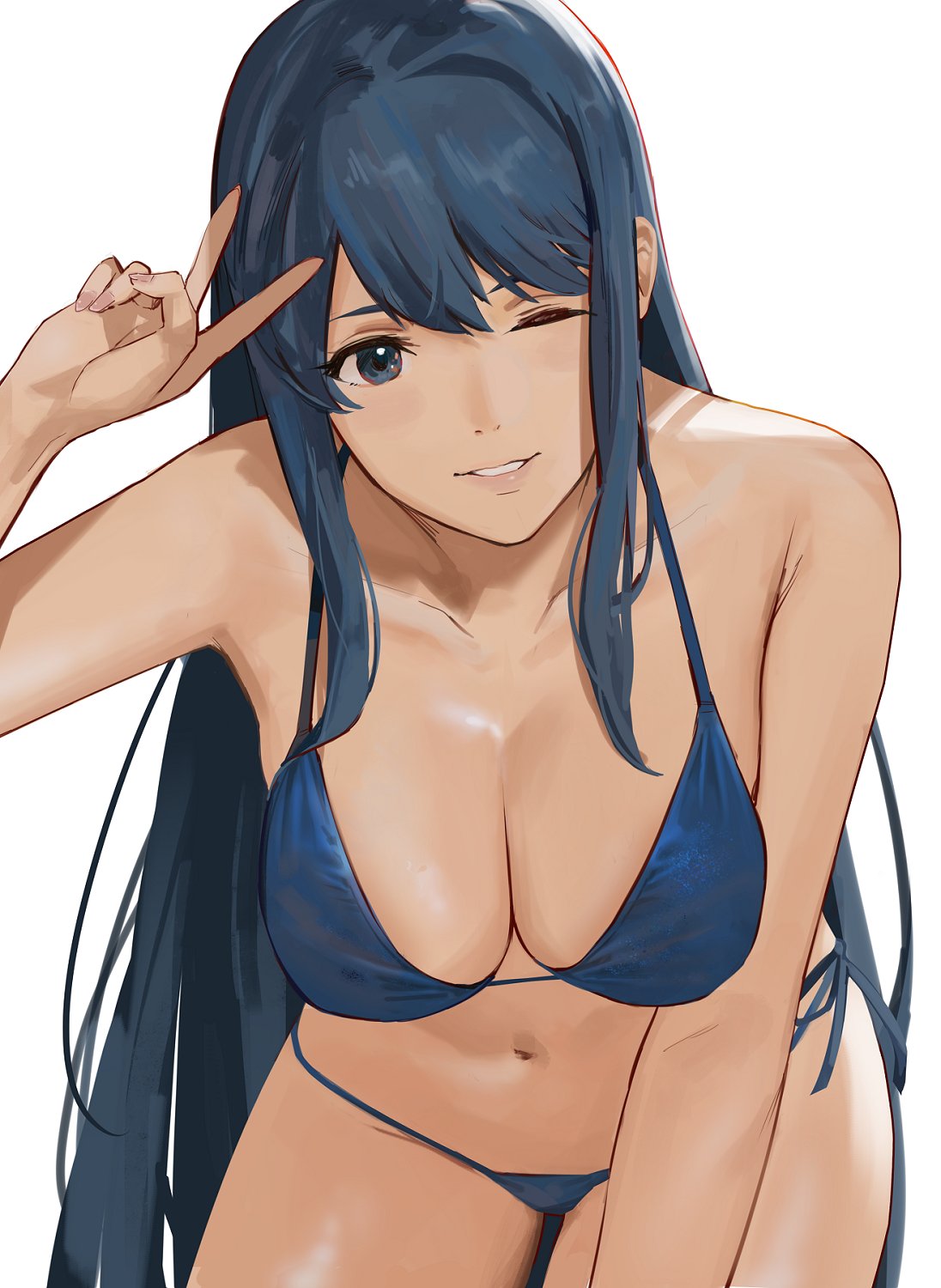 1girl 1girl 1girl alluring alternate_costume bare_shoulders bikini blue_bikini blue_eyes blue_hair blue_swimsuit breast_focus breasts caeda caeda_(fire_emblem) cleavage close-up female_only fire_emblem fire_emblem:_mystery_of_the_emblem fire_emblem:_shadow_dragon_and_the_blade_of_light high_res j@ck long_hair navel nintendo one_eye_closed parted_lips sidelocks simple_background smile swimsuit v very_long_hair white_background