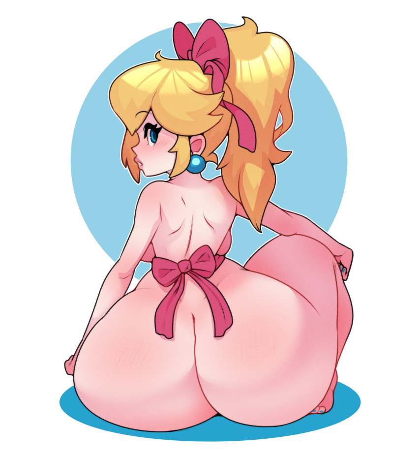1girl 1girl 1girl ass backboob big_ass blonde_hair blue_eyes blush bottom_heavy breasts bubble_ass bubble_butt dabble earrings female_only hairbow high_res huge_ass looking_at_viewer looking_back mario_(series) nintendo nude nude_female ponytail princess_peach rear_view sexy sexy_ass simple_background sitting smelly_ass super_mario_bros. thick_ass thick_thighs tied_hair untitled_princess_peach_game white_background wide_hips
