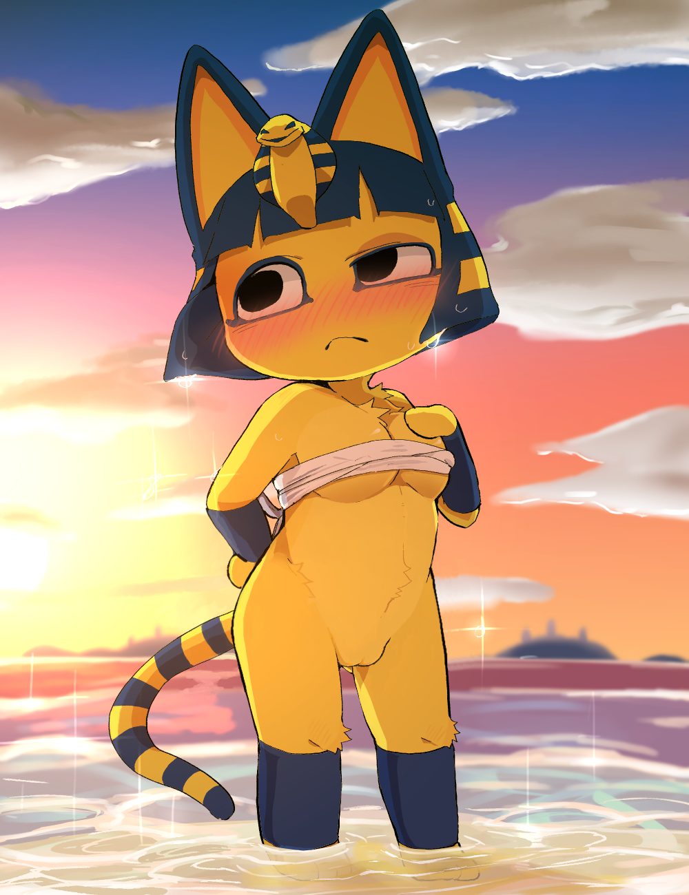 1girl 1girl 2020 animal_crossing ankha_(animal_crossing) anthro arms_bent big_eyes big_head blurred_background blush bodily_fluids bow_knot breasts chest_wraps cleavage clothed clothing cloud dagasi day detailed_background embarrassed featureless_hands felid feline front_view frown fur hand_on_breast hand_on_butt high_res horizon legs_in_water legs_together looking_aside mammal markings narrow_tail nintendo no_pupils panties partially_submerged partially_submerged_legs ring_(marking) ringtail sand sea side-tie_panties skimpy skinny_tail sky slim sparkles standing standing_in_water straight_legs submerged_legs sun sweat tail tail_markings tucked_arm under_boob underwear water wet wraps yellow_body yellow_fur
