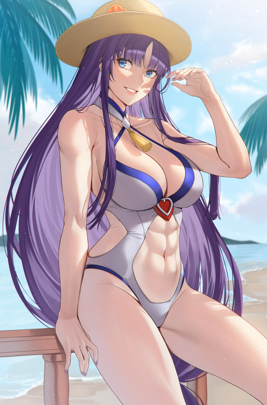 1girl 1girl abs absurd_res alluring altina_(fire_emblem) athletic_female beach big_breasts blue_eyes breasts clothing_cutout commission commissioner_upload covering_own_eyes criss-cross_halter day deras female_abs fire_emblem fire_emblem:_radiant_dawn fire_emblem_heroes fit_female grey_one-piece_swimsuit grin halterneck hat high_res long_hair looking_at_viewer neck_tassel nintendo non-web_source official_alternate_costume one-piece_swimsuit outside purple_hair railing sitting smile straw_hat swimsuit sword teeth very_long_hair weapon white_one-piece_swimsuit white_swimsuit