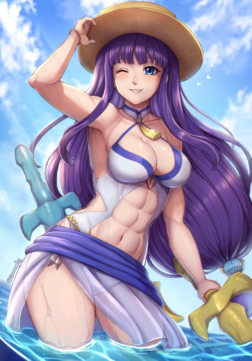1girl 1girl abs alluring altina_(fire_emblem) arm_up athletic_female big_breasts blue_eyes blue_one-piece_swimsuit blue_sky breasts cleavage cloud collarbone cowboy_shot evomanaphy female_abs fire_emblem fire_emblem:_radiant_dawn fire_emblem_heroes fit_female grin hand_on_headwear hat high_res holding huge_weapon inflatable_sword inflatable_toy long_hair looking_at_viewer nintendo official_alternate_costume one-piece_swimsuit one_eye_closed partially_submerged ponytail purple_hair sky smile straw_hat sun_hat swimsuit very_long_hair water weapon