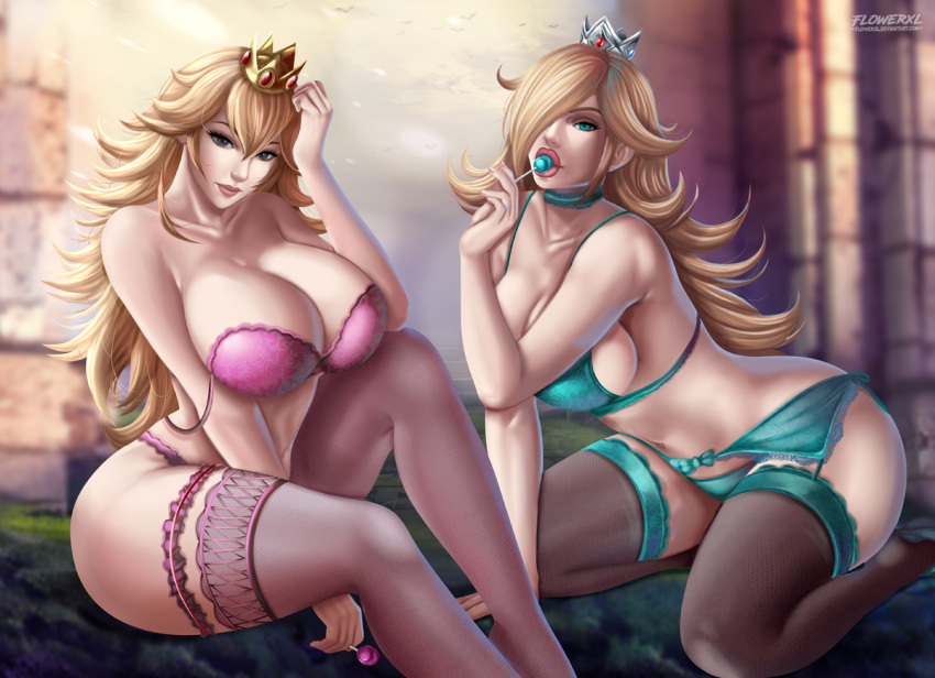 1girl 2_girls artist_logo big_breasts big_breasts blonde_hair blue_eyes bra bra_lift breasts brown_lipstick cleavage crown cyan_eyes female_only flowerxl garter_belt legwear light_blue_lingerie lingerie lollipop long_hair looking_at_viewer mario_(series) nintendo on_knees outside pale-skinned_female pale_skin panties pink_lingerie pink_lipstick platinum_blonde_hair princess princess_peach rosalina royalty seductive_look seductive_smile sitting smile stockings thick thick_female thick_thighs video_game_character