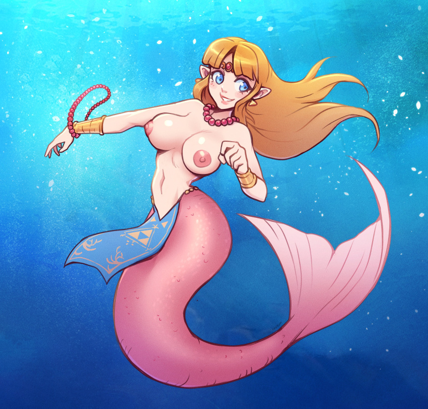 1girl a_link_between_worlds alternate_species bead_necklace blonde_hair blue_eyes breasts breasts_out brellom detailed_background earrings female fish_girl fish_tail high_res hylian_ears long_hair medium_breasts mermaid mermaid_ass mermaid_girl mermaid_tail mermaid_transformation monster_girl necklace nintendo nipples no_bra ocean princess_zelda sea smile solo tagme the_legend_of_zelda underwater water zelda_(a_link_between_worlds)