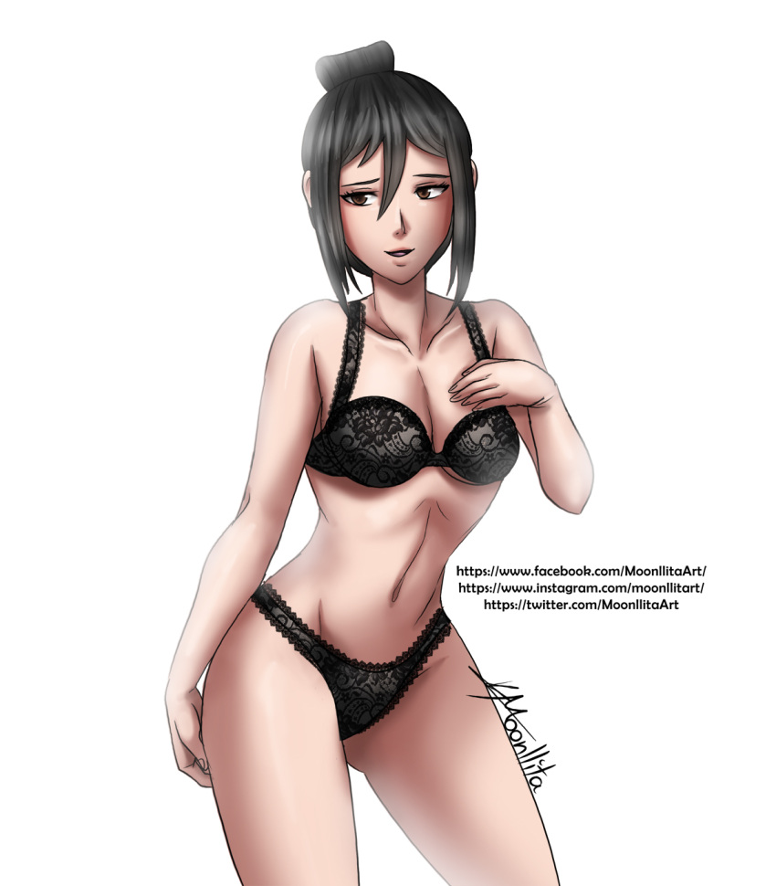 1girl alluring bare_shoulders black_hair frills hand_on_breast hand_on_hip lingerie moonllita_(artist) morag_ladair nintendo smile tied_hair toned watermark xenoblade_(series) xenoblade_chronicles_2