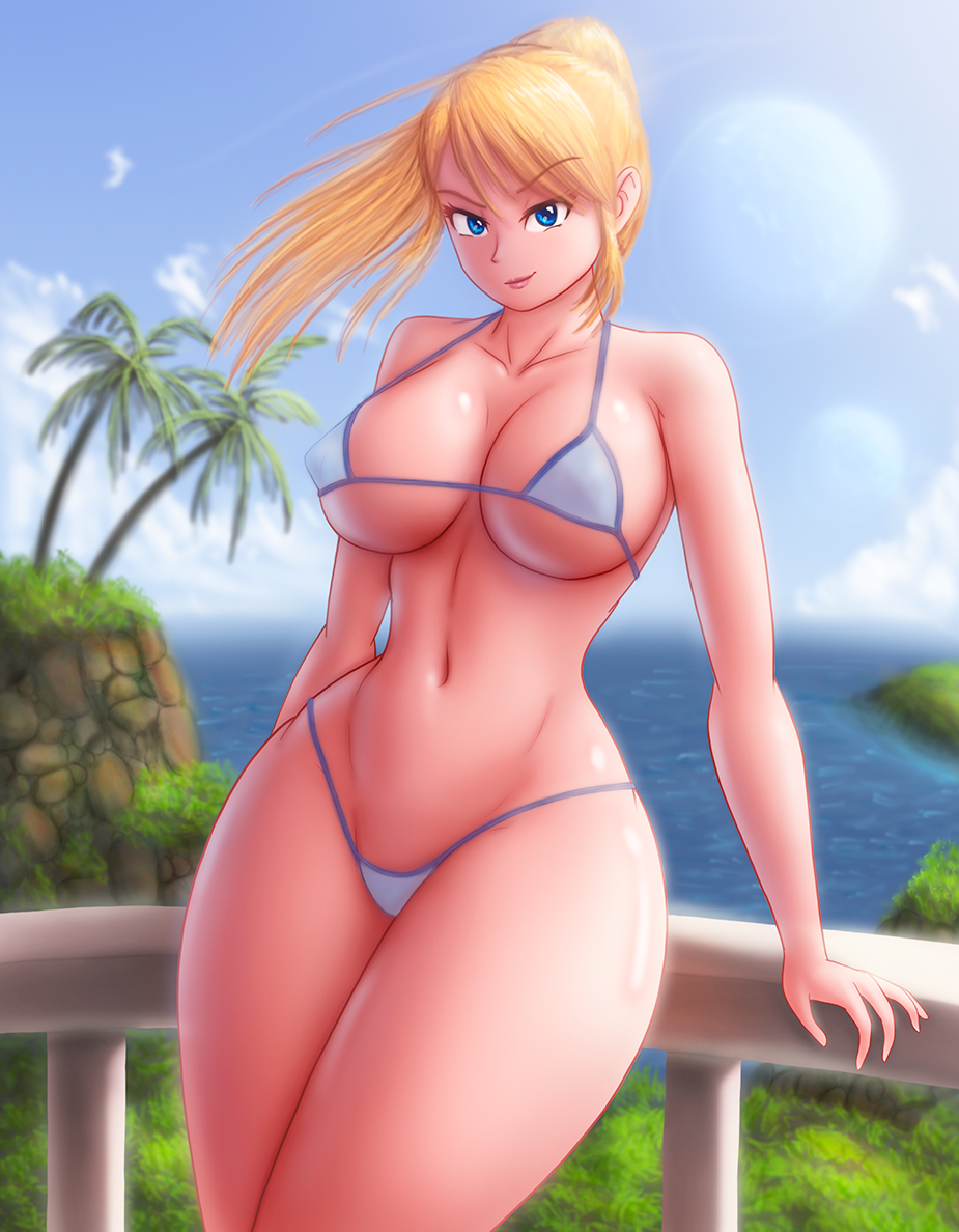 1girl beach_house big_breasts bikini blonde_hair blue_bikini blue_eyes breasts cleavage curvaceous curvy_female curvy_figure day daytime female_only front_view grab hair_in_wind home huge_breasts huge_thighs long_hair looking_at_viewer metroid nintendo pale-skinned_female palm_trees pink_lipstick ponytail saf-404 saf_404 safartwoks safartworks samus_aran shiny_body smile smiling_at_viewer smirk straight_hair sunlight_rays thick video_game_character