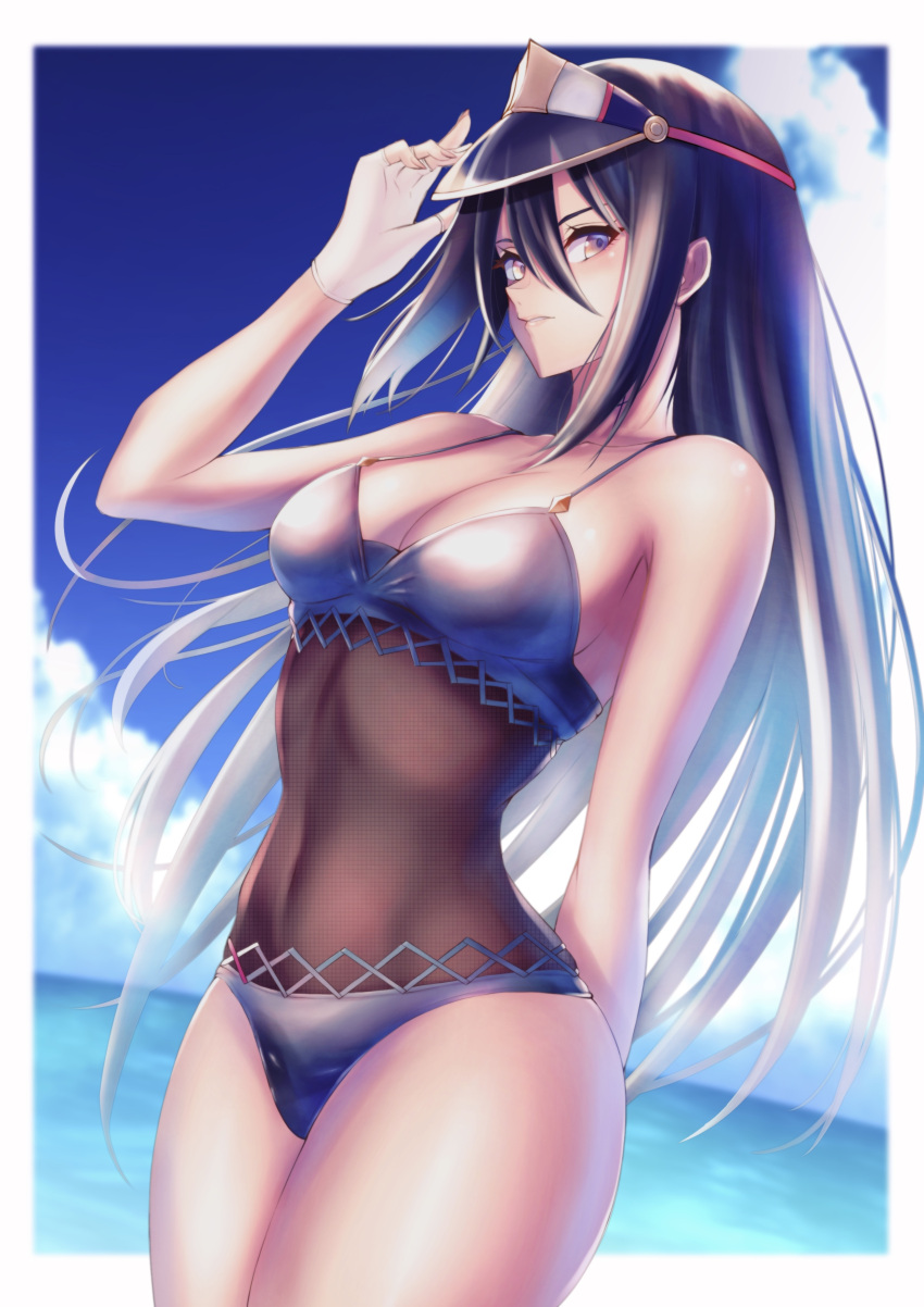 1girl bikini black_hair blue_sky cleavage morag_(xenoblade) morag_ladair nintendo ocean posing xenoblade_(series) xenoblade_chronicles_2 yellow_eyes