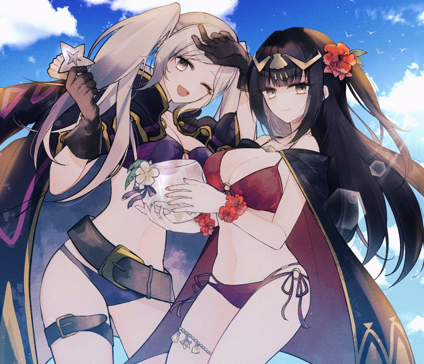 2girls ;d alluring alternate_costume belt bikini breasts cloak cloud commentary female_only fire_emblem fire_emblem_awakening fire_emblem_heroes flower gatona39 hair_flower hair_ornament high_res multiple_girls nintendo o-ring o-ring_bikini official_alternate_costume one_eye_closed purple_bikini purple_swimsuit red_bikini red_swimsuit robin_(fire_emblem) robin_(fire_emblem)_(female) robin_(summer)_(fire_emblem)_(female) sky smile swimsuit tharja tharja_(fire_emblem) tharja_(summer)_(fire_emblem)