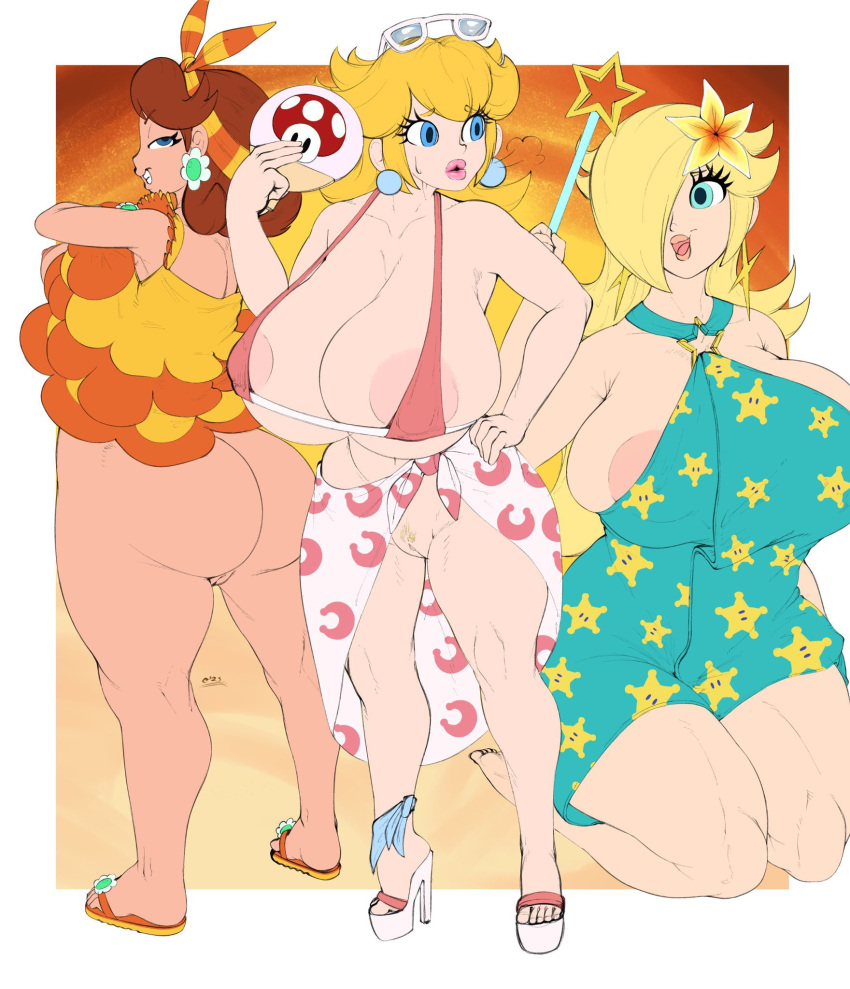 3girls areolae ass ass_visible_through_thighs back big_ass big_butt bikini blonde_hair blue_eyes breasts bubble_ass bubble_butt clothing cowboy_shot crankodile earrings flower_earrings from_behind hair_over_one_eye highres huge_breasts jewelry large_areolae large_breasts long_hair looking_at_viewer looking_back looking_back_at_viewer mario_(series) mario_kart mario_kart_tour medium_hair multiple_girls navel nintendo one_eye_covered orange_hair outdoors parted_lips princess princess_daisy princess_peach princess_rosalina pubic_hair pussy rosalina royalty seductive seductive_look seductive_smile sexy sexy_ass sexy_body sexy_breasts short_hair sideboob sidelocks size_difference smelly_ass smelly_pussy standing star_(symbol) star_earrings swimsuit thighs underboob undressing vulva watermark