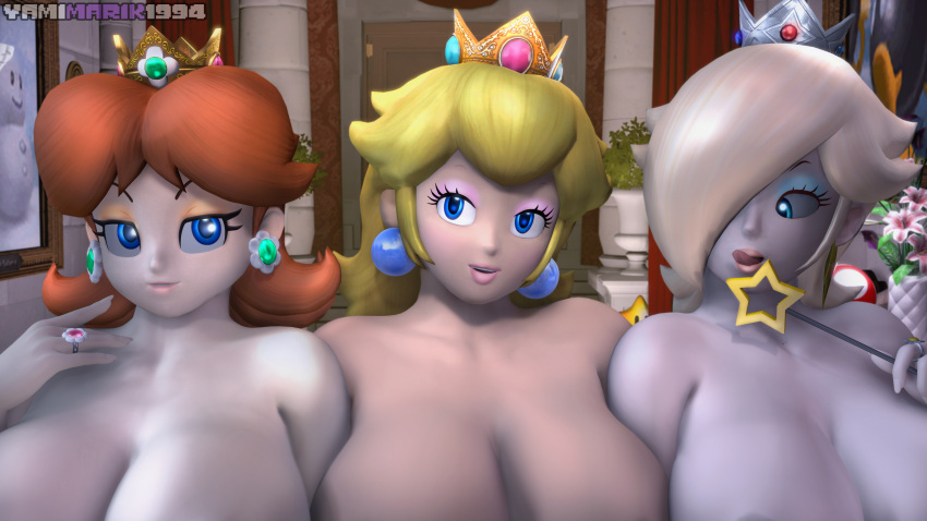 3girls breasts crown mario_(series) nintendo princess_daisy princess_peach ring rosalina wand yamimarik1994