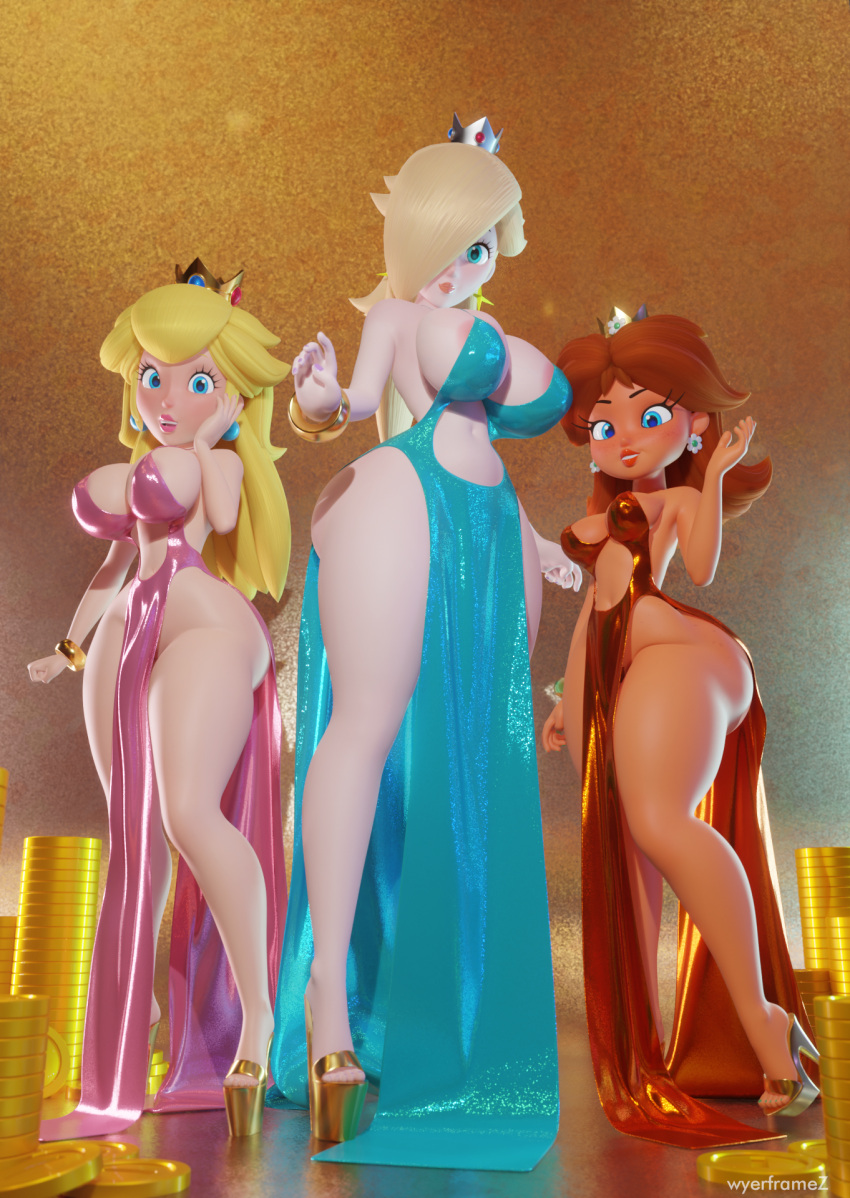 3girls breasts dress mario_(series) nintendo princess_daisy princess_peach rosalina wyerframez