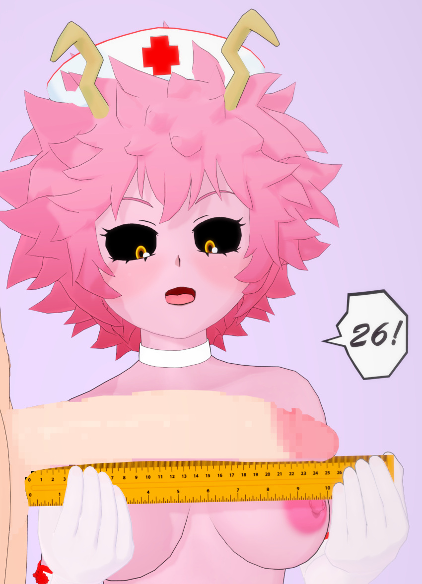 1boy 1girl big_penis black_sclera breasts censored_penis choker gloves horns light-skinned_male looking_at_penis measuring medium_breasts mina_ashido mosaic_censoring my_hero_academia nipples nurse nurse_cap open_mouth penis pink_hair pink_skin white_gloves yellow_eyes