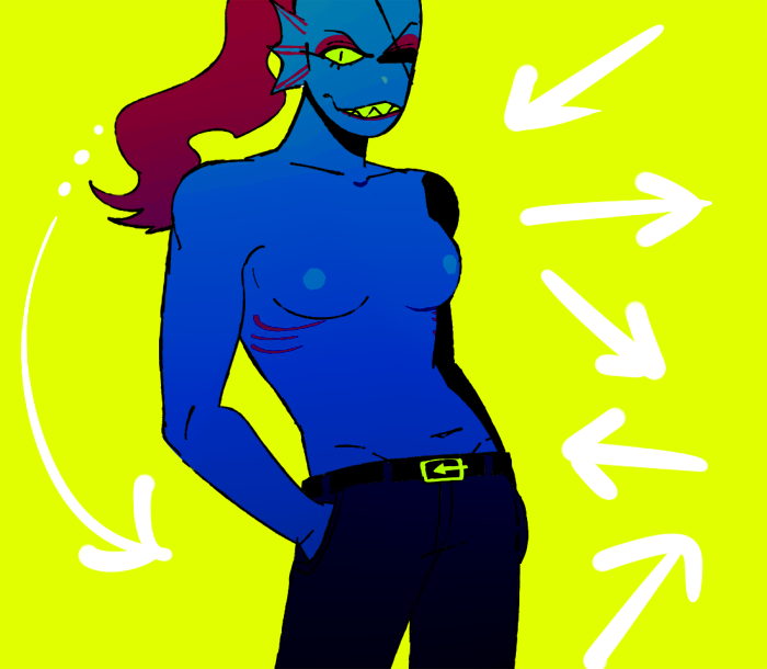 1girl 2010s 2016 anthro blue_body blue_skin breasts eye_patch eyepatch female female_anthro female_only fish fish_girl green_background hands_in_pockets long_hair looking_at_viewer marine monster monster_girl nipples non-mammal_breasts red_hair simple_background solo solo_anthro solo_female topless topless_female underkadi undertale undertale_(series) undyne yellow_sclera