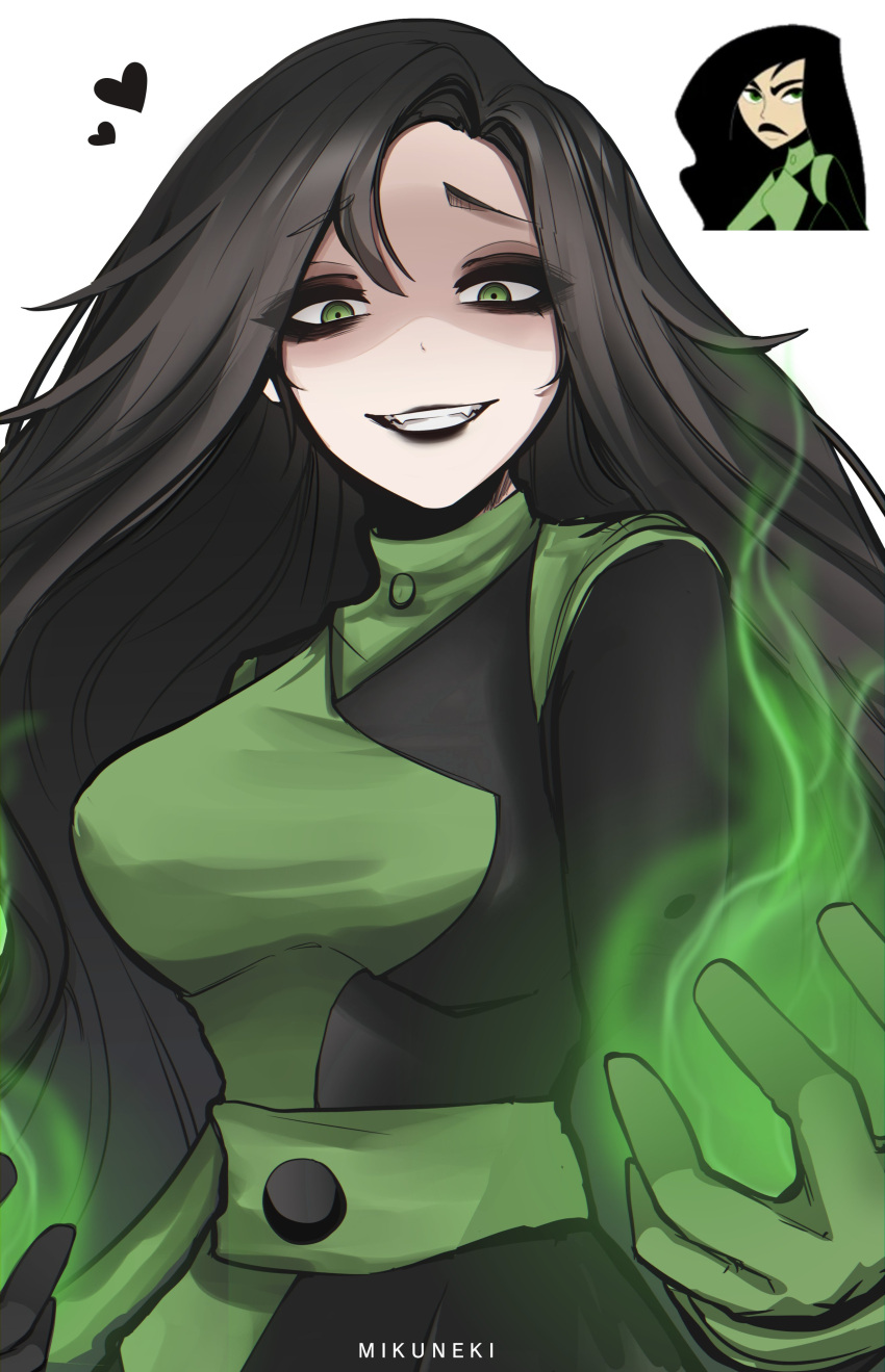 1girl artist_name big_breasts black_hair black_lipstick disney evil_smile fangs female gloves green_eyes green_fire kim_possible lipstick long_hair looking_down mikuneki shego smile white_background yandere_trance