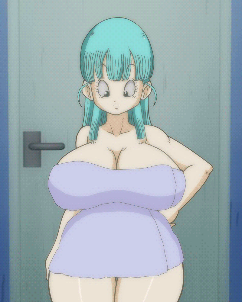 1girl 2023 abs areola athletic_female bathroom big_breasts blue_hair bouncing_breasts breasts bulma_briefs cowboy_shot dragon_ball female female_only gif hair hand_on_hip high_res huge_breasts looking_down naked_towel nipples pervertoons pussy riffsandskulls shaved_pussy short_playtime shounen_jump smile standing towel undressing