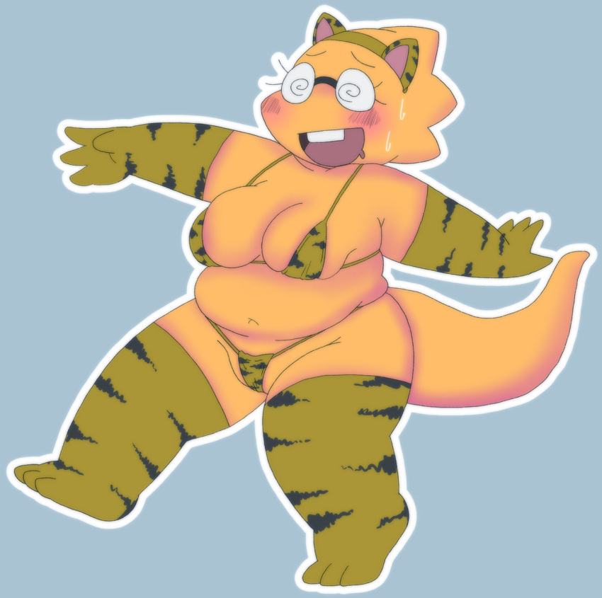 1girl accessory alphys alphys_(undertale) animal_print anthro anthro_only armwear aruput aruput_ut barely_visible_genitalia belly big_breasts bikini bikini_bottom bikini_top blue_background blush bodily_fluids breasts buckteeth cameltoe cat_ears chubby chubby_anthro chubby_female clothed clothing deep_navel elbow_gloves eyewear fake_ears female female_anthro front_view glasses gloves handwear headband high_res legwear lizard lizard_girl micro_bikini monster monster_girl navel non-mammal_breasts on_one_leg open_mouth open_smile overweight overweight_anthro overweight_female partially_visible_vulva pussy pussy_peek reptile scales scalie shortstack simple_background slightly_chubby smile solid_color_background solo solo_female spiral_eyes standing stockings sweat swimsuit teeth thick_tail thick_thighs thong thong_bikini three-quarter_view tiger_print undertale undertale_(series) yellow_body yellow_scales yellow_skin