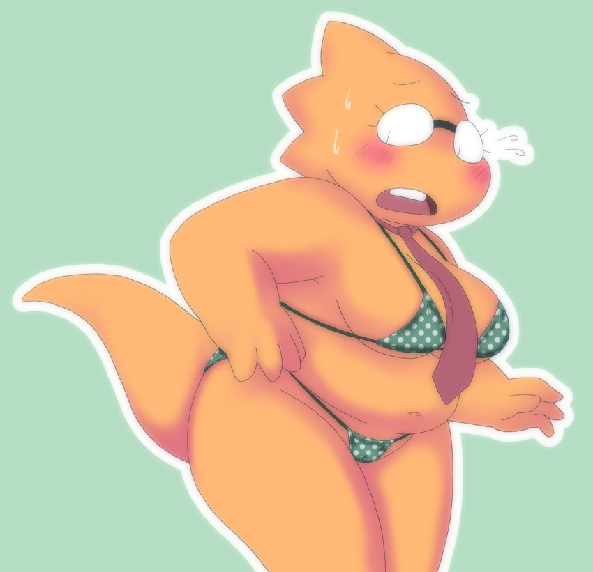1girl alphys alphys_(undertale) anthro anthro_only aruput aruput_ut belly big_breasts bikini bikini_bottom bikini_top blush bodily_fluids breasts buckteeth cameltoe chubby chubby_anthro chubby_female clothed clothing deep_navel eyewear female female_anthro front_view frown glasses green_bikini green_bikini_bottom green_bikini_top high_res lizard lizard_girl micro_bikini monster monster_girl navel neck_tie non-mammal_breasts open_frown open_mouth polka_dot polka_dot_bikini portrait pussy reptile scales scalie shortstack simple_background skimpy slightly_chubby solid_color_background solo solo_female string_bikini sweat swimsuit swimwear teeth thick_tail thick_thighs three-quarter_portrait three-quarter_view undertale undertale_(series) wide_hips yellow_body yellow_scales yellow_skin