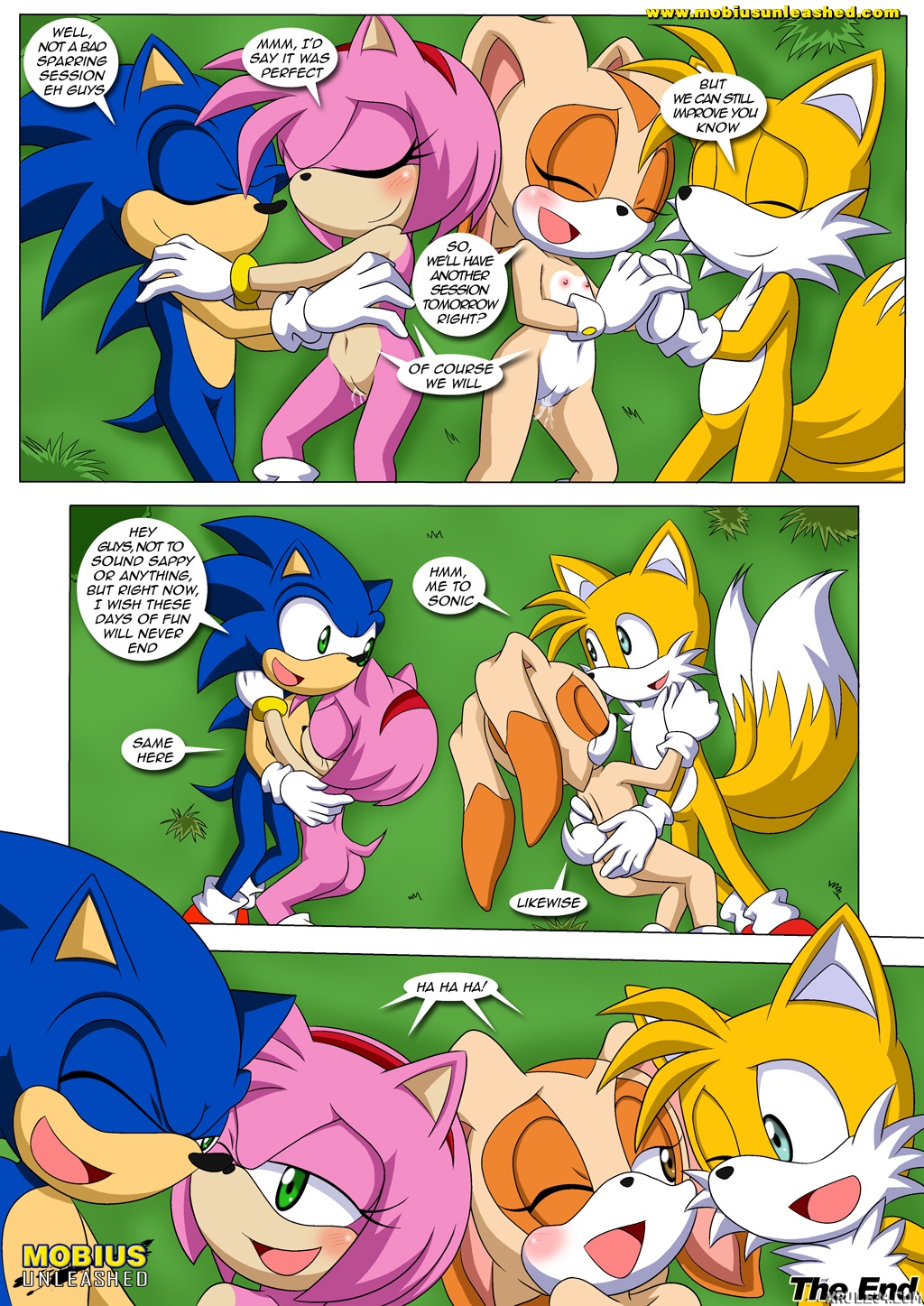 2_tails amy_rose anthro anthro_on_anthro black_nose blue_fur blush bodily_fluids bunny colored_background comic cream_the_rabbit cum cum_in_pussy daytime female fox fur furry gloves grass hedgehog looking_at_another male male/female mammal miles_prower mobius_unleashed pussy sega sonic_the_hedgehog tails_the_fox text text_bubble video_games yellow_fur
