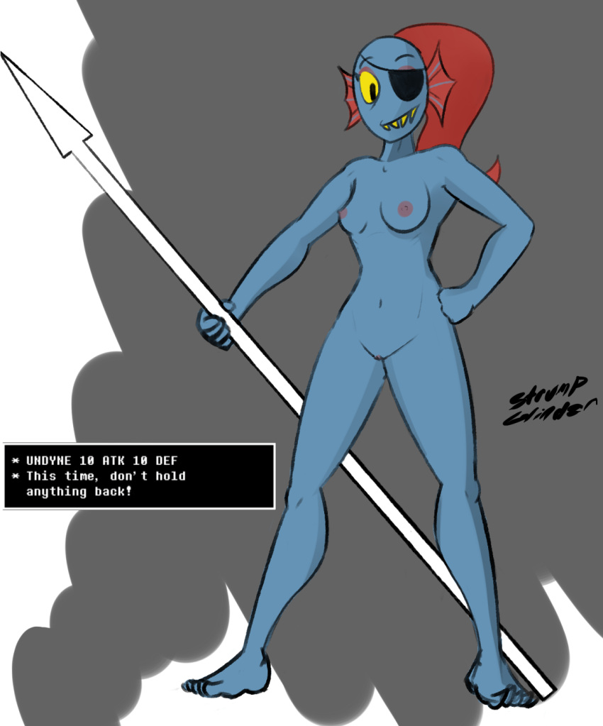 2010s 2015 anthro anthro_only artist_name blue_body blue_breasts blue_skin breasts completely_naked completely_naked_female completely_nude completely_nude_female dialog dialogue dialogue_box english_text eye_patch eyepatch female female_only fish fish_girl hand_on_hip holding_breast holding_spear looking_at_viewer monster monster_girl naked naked_female nipples non-mammal_breasts non-mammal_nipples nude nude_female ponytail pussy red_hair simple_background solo solo_anthro solo_female spear strump_glinder_(artist) text text_box undertale undertale_(series) undyne visible_pussy weapon yellow_sclera