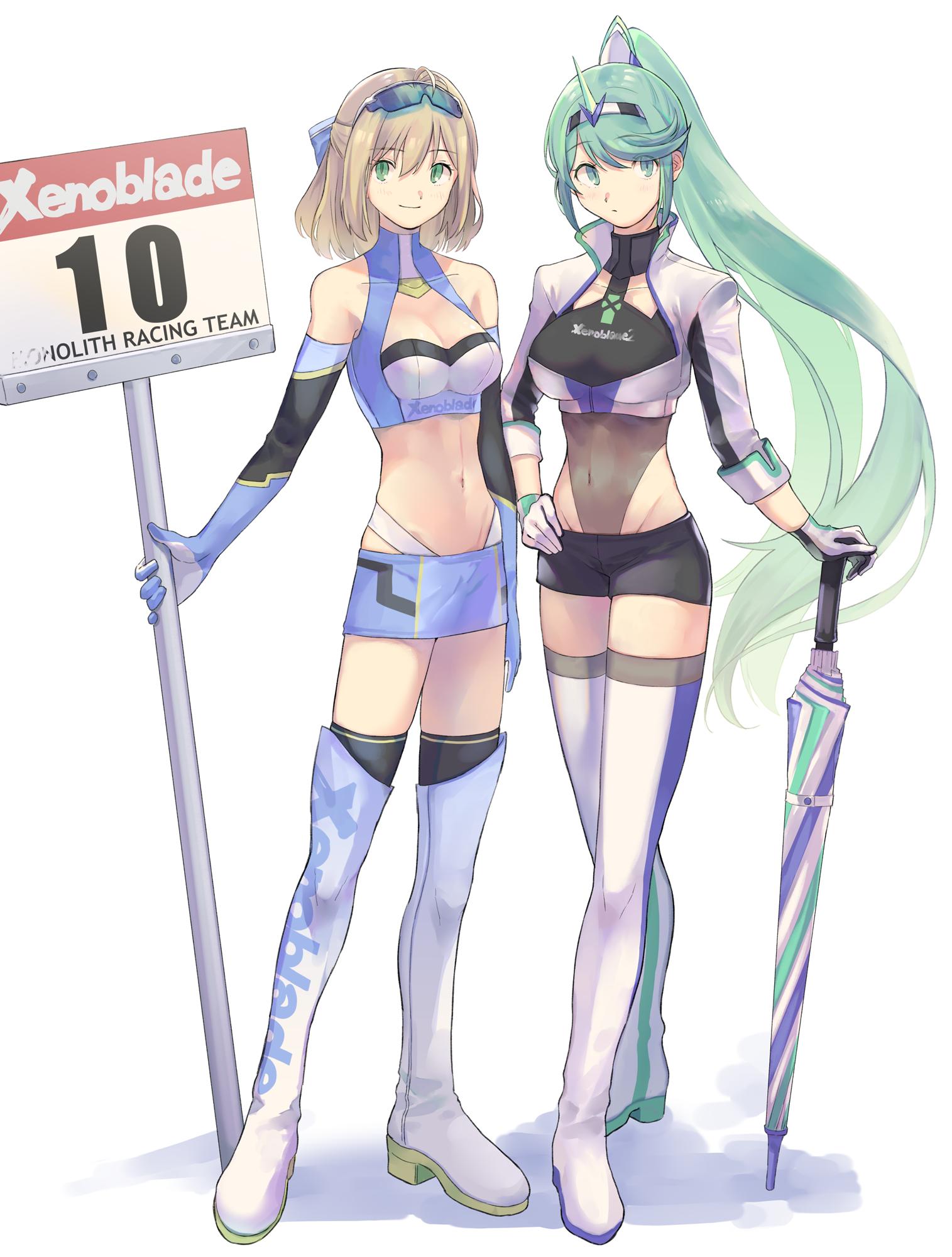 2_girls alluring alternate_costume armor big_breasts biker_clothes bikesuit blonde_hair blue_eyes bodysuit boots breasts cleavage female_focus fiora_(xenoblade) fujie-yz full_body glasses gloves green_eyes green_hair hair_ornament headband high_res jewelry long_hair looking_at_viewer matching_hair/eyes medium_breasts multiple_girls music navel nintendo pneuma_(xenoblade) ponytail race_queen short_hair short_shorts shorts simple_background singing skirt smile spoilers standing stockings thighhighs_under_boots umbrella white_background xenoblade_(series) xenoblade_chronicles_(series) xenoblade_chronicles_1 xenoblade_chronicles_2
