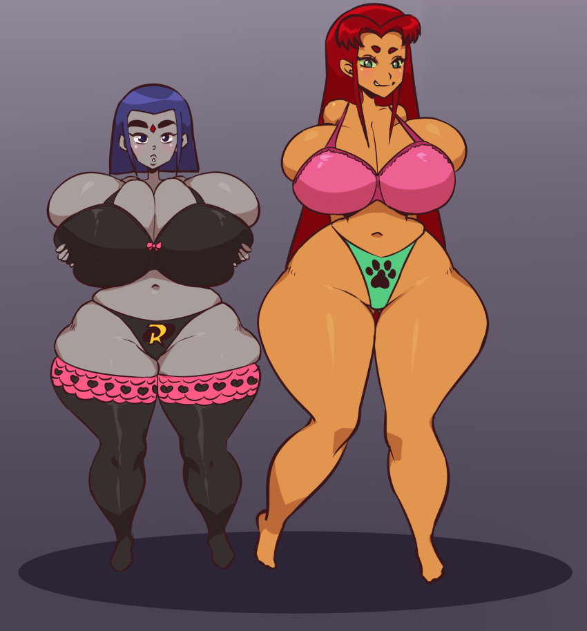 2girls absurd_res big_breasts bra breasts clothed clothes clothing dc_comics full_body gradient_background green_eyes grey_skin high_res holding_breasts huge_breasts long_hair looking_at_viewer navel orange_skin panties printed_panties purple_eyes raven_(dc) sallowie short_hair simple_background smile starfire stockings teen_titans thick_thighs thighs wide_hips