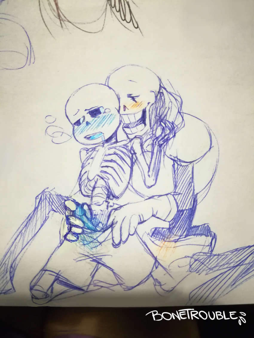 2boys animated_skeleton big_dom_small_sub bigger_dom bigger_dom_smaller_sub blue_blush blue_penis blue_tongue blush boner boner_in_pants bonetrouble bottom_sans brother brother/brother brother_and_brother brothers crying drawn drooling erect_penis erection erection_under_clothes fontcest grabbing_penis handjob incest kneel male male/male male_only monster orange_blush pants_only papyrus papyrus_(undertale) papysans penis penis_grab saliva sans sans_(undertale) seme_papyrus shirtless sitting skeleton small_sub small_sub_big_dom smaller_sub smaller_sub_bigger_dom smaller_submissive tears top_papyrus topless traditional_art traditional_media traditional_media_(artwork) uke_sans undead undertale undertale_(series) yaoi