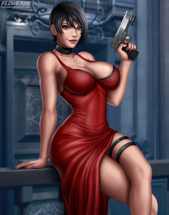 1girl 1girl 1girls abs ada_wong ada_wong_(caroline_ribeiro) armpits bare_shoulders big_breasts big_breasts black_hair breasts brown_eyes choker cleavage clothed clothes dress eyelashes female_only firearm flowerxl fully_clothed gun handgun holding human lipstick looking_at_viewer nail_polish red_lipstick red_nails resident_evil resident_evil_4 short_hair sideboob sitting smile text thick_thighs thigh_strap thin_waist url watermark weapon wide_hips