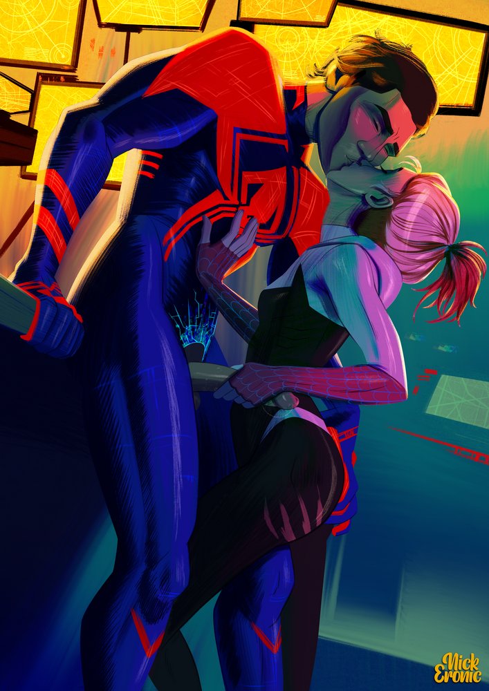 across_the_spider-verse ass_grab blonde_hair blue_eyes gwen_stacy kissing light-skinned_female marvel miguel_o'hara older_male penis_grab size_difference spider-gwen spider-man_2099