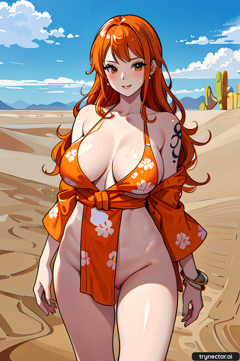 ai ai_generated breasts cleavage dessert nami nami_(one_piece) one_piece post_timeskip thick_thighs thighs