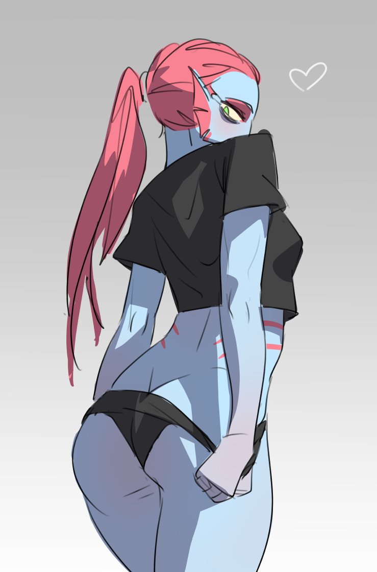 1_girl 1girl anthro anthro_only ass blue_body blue_skin clothed female_anthro female_only fish fish_girl from_behind gradient_background grey_background johnfoxart marine monster monster_girl ponytail posterior_cleavage red_hair sketch solo_anthro solo_female standing undertale undertale_(series) undressing undyne yellow_sclera