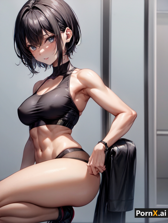 1girl 1girls abs ai_generated ass athletic_female black_hair blue_eyes blush blushing_at_viewer cleavage_cutout ear ears erect_nipples erect_nipples_under_clothes exposed_belly exposed_stomach exposed_thighs fit_female looking_at_viewer midriff muscular_female navel pooplool pornx.ai round_ass round_butt sfw sportswear tagme thighs thin_female tomboy white_wall