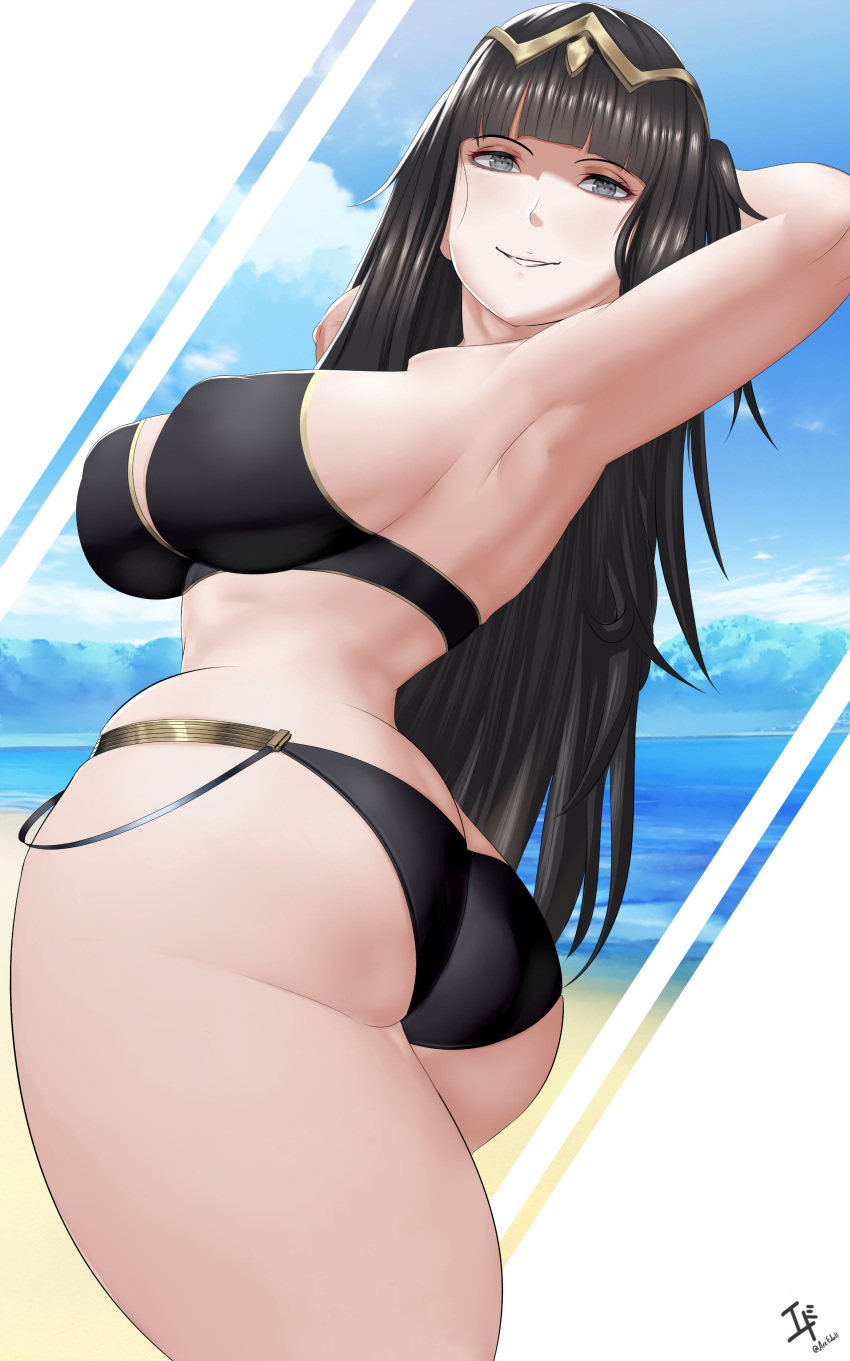 1girl absurd_res alluring arcedo arms_behind_head ass big_breasts bikini breasts butt_crack female_focus fire_emblem fire_emblem_awakening grey_eyes high_res long_hair looking_at_viewer milf nintendo skindentation stockings swimsuit tharja tharja_(fire_emblem)