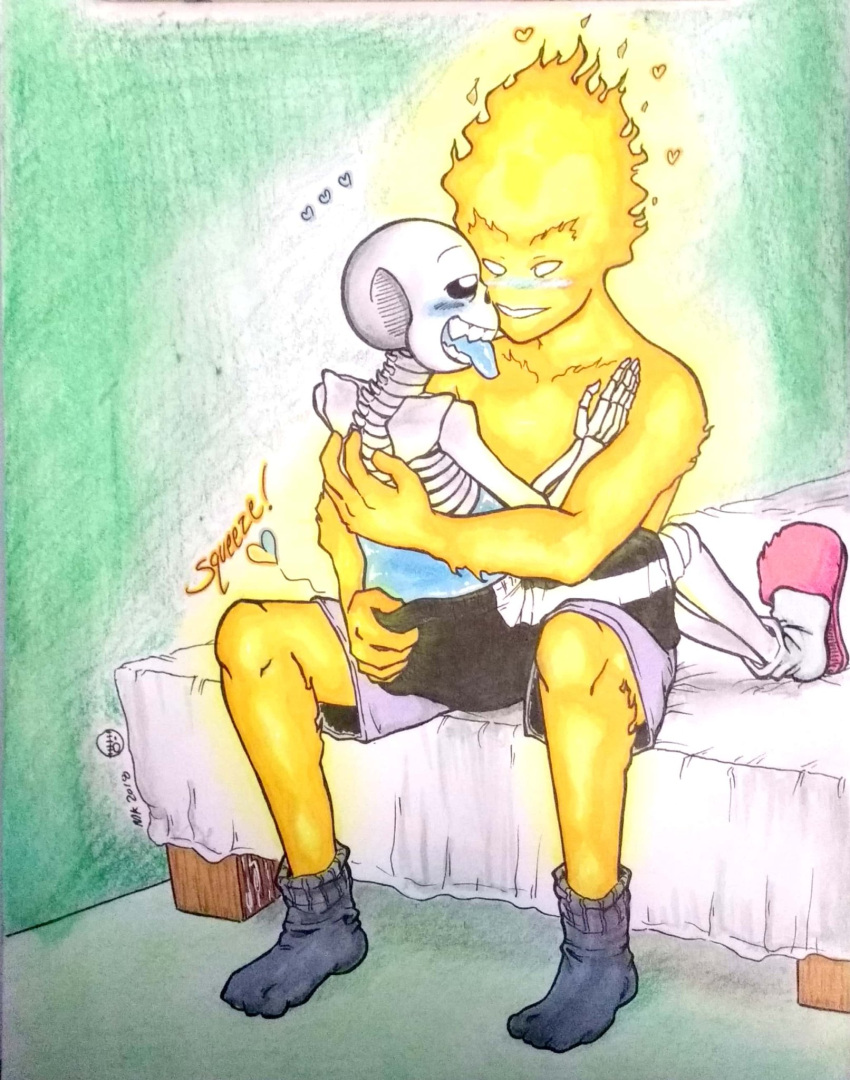 2010s 2018 2boys animated_skeleton ass ass_grab bed bigger_male black_socks blue_tongue bottom_sans bottomwear butt_grab duo facing_another fire_elemental grabbing_ass grillby grillby_(undertale) grillsans imminent_sex larger_male male male/male male_only mari_keiyou_(artist) mastery_position mk-doodles monster monster_boy on_bed pants partially_clothed sans sans_(undertale) sitting sitting_on_bed skeleton slippers smaller_male socks squeezing_ass squeezing_butt tongue tongue_out topless traditional_art traditional_media traditional_media_(artwork) uke_sans undead undertale undertale_(series) yaoi