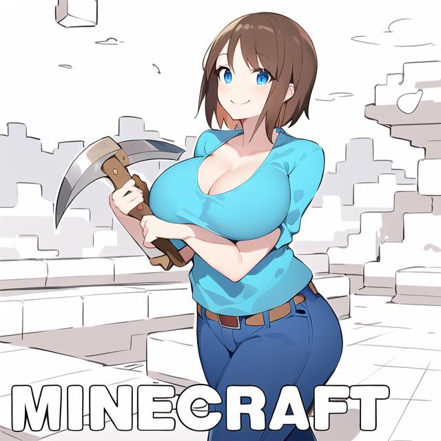 ass big_breasts breasts cleavage clothed dr.bug generated_by_mathie grin looking_at_viewer minecraft pickaxe smiling_at_viewer stella_(sissteve) thick_thighs thighs